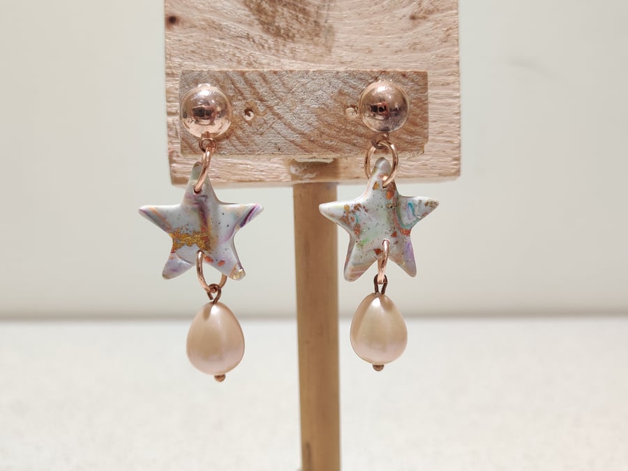 White rainbow heart polymerclay  earrings