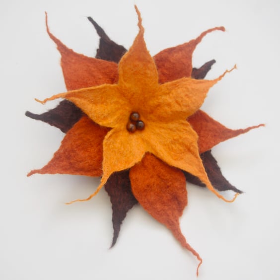 Sunflower Brooch Large. Scarff or coat Brooch. Wet Felted in Autumn Colours