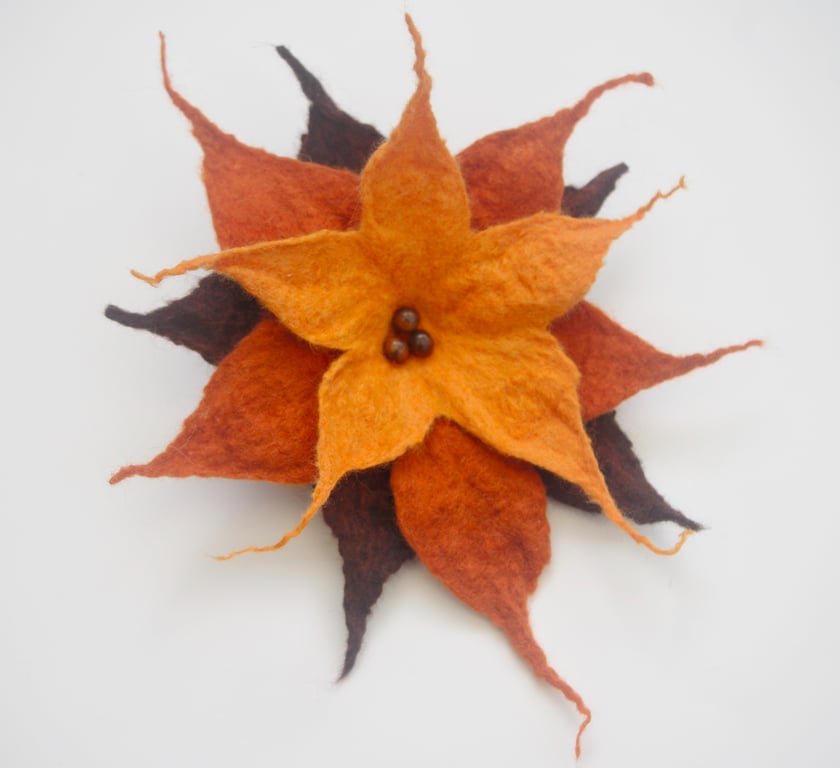 Sunflower Brooch Large. Scarff or coat Brooch. Wet Felted in Autumn Colours