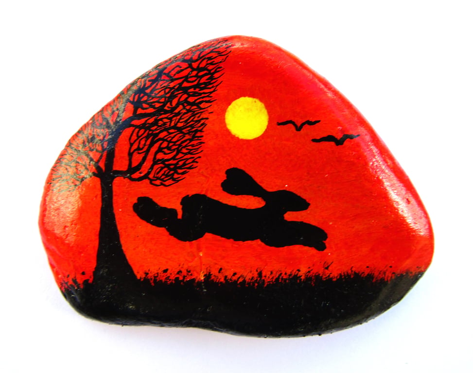 Hare Painted on Shell, Moon Tree Bunny Rabbit, Silhouette Art, Magnet (optional)