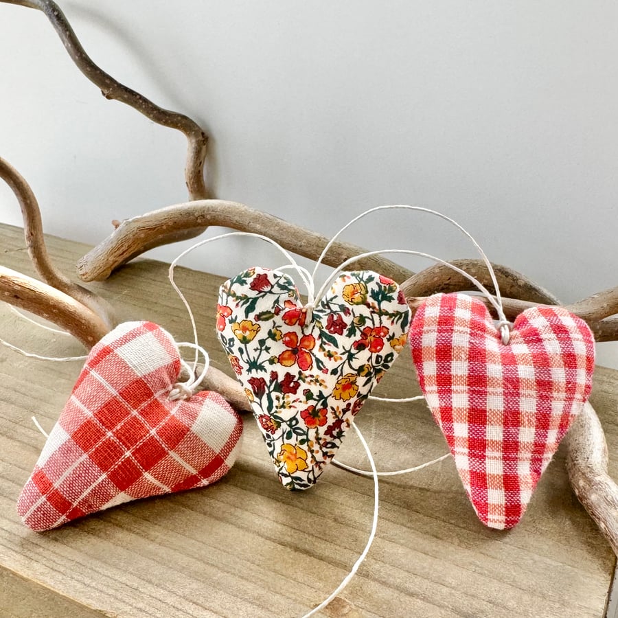 FLORAL AND CHECKS AUTUMN FABRIC HEART DECORATIONS - set of 3