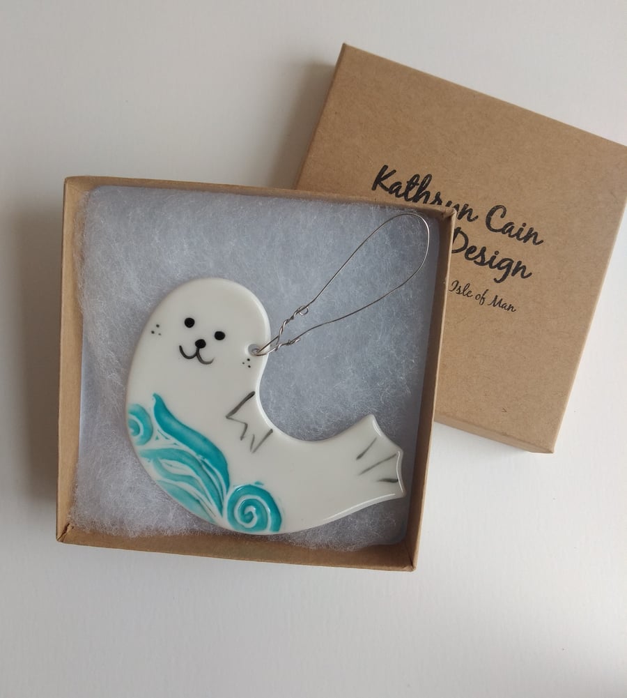 Handmade Ceramic Porcelain Happy Seal Hanging Decoration in a Gift Box