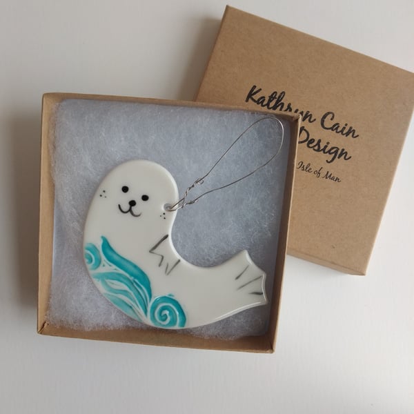 Handmade Ceramic Porcelain Happy Seal Hanging Decoration in a Gift Box