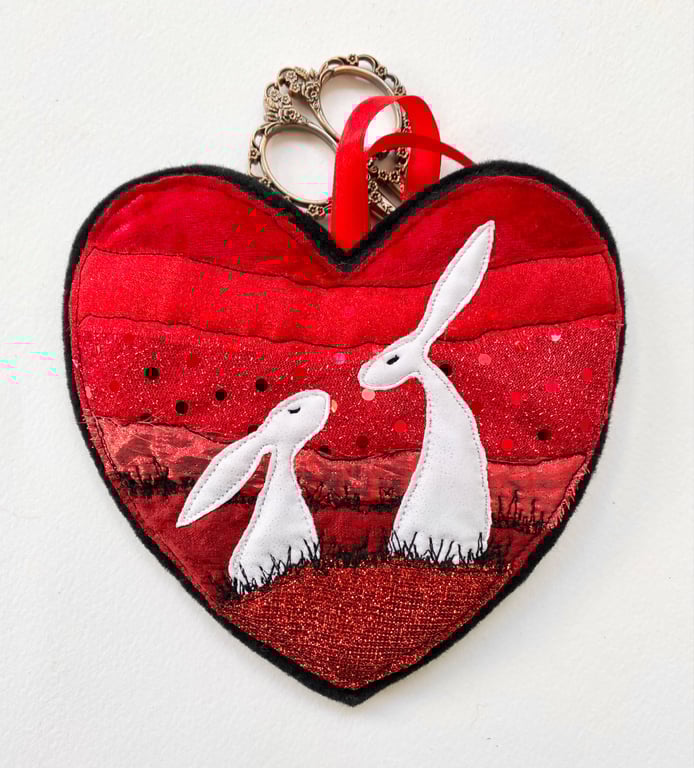 Upcycled embroidered heart rabbit hares home wedding Valentines decoration. 