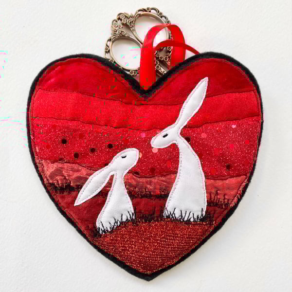 Upcycled embroidered heart rabbit hares home wedding Valentines decoration. 