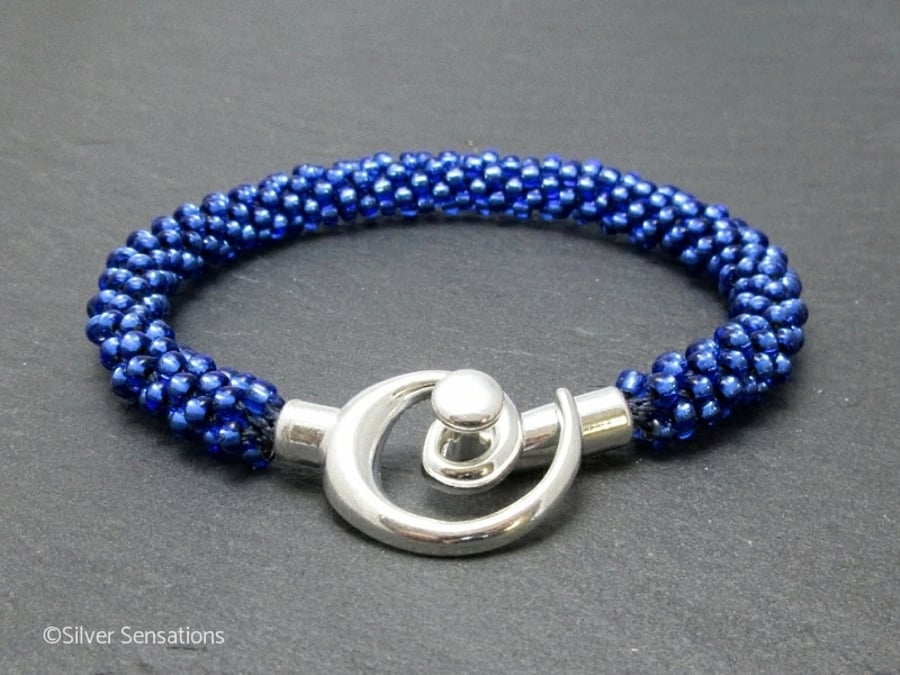 Handmade Bright Silvery Sapphire Blue Kumihimo Seed Bead Fashion Bracelet 