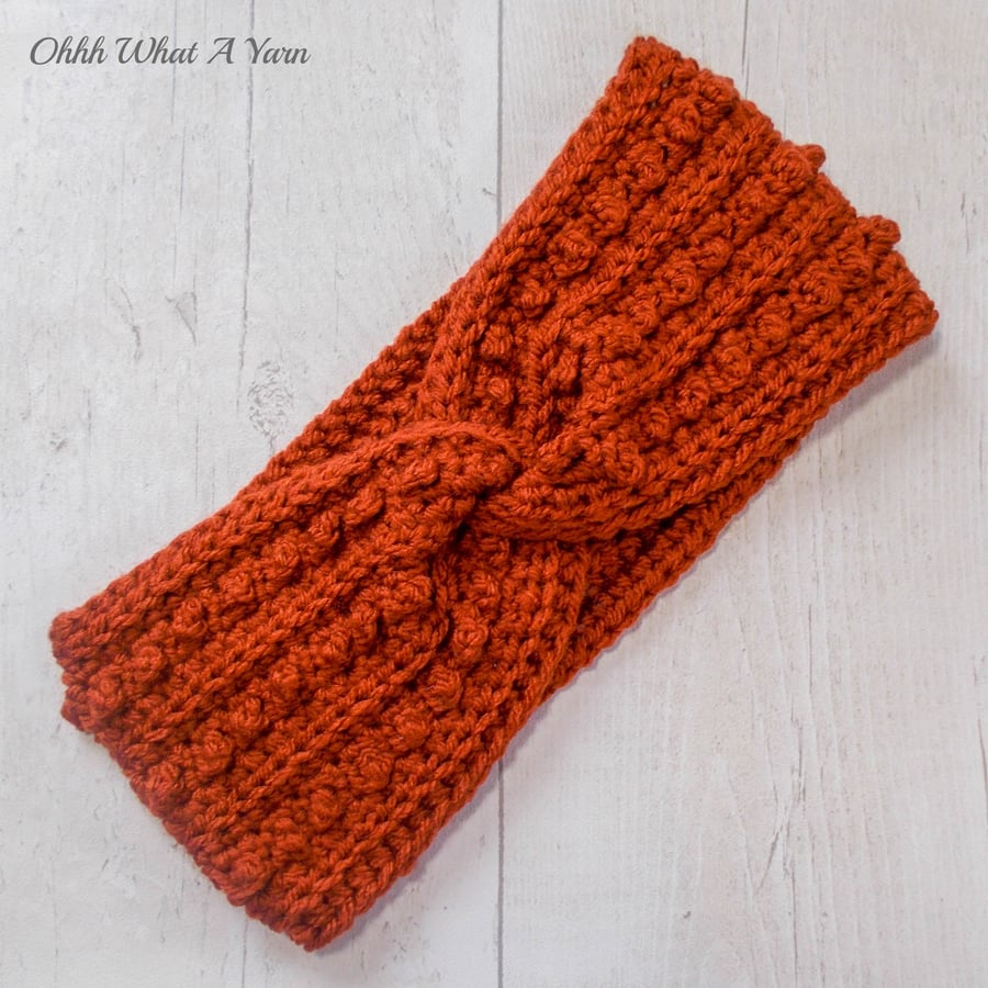 Ladies crochet rust, copper twist ear warmer. Ear warmer. Copper headband.