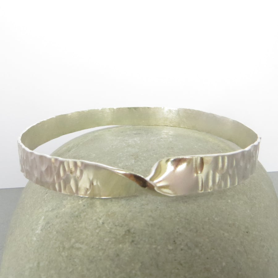 Silver Mobius Bangle, Twisted Bracelet, Line Texture, Hallmarked Wide Bangle    
