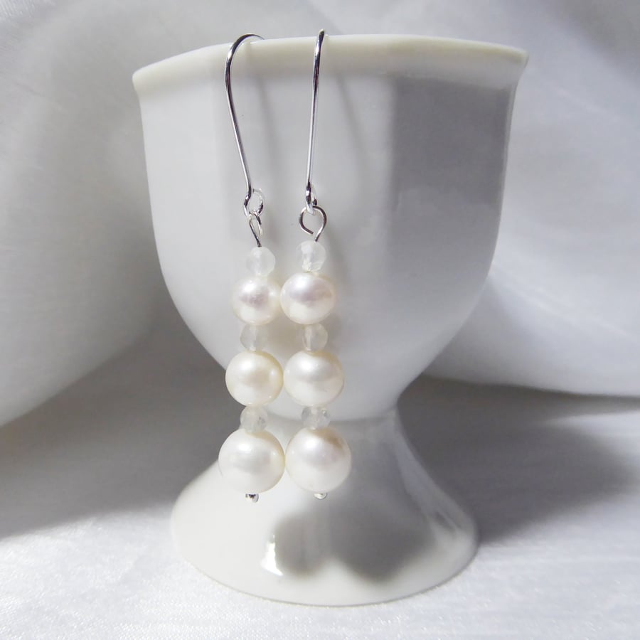 Unique Pearl and Moonstone Earrings - finished with sterling silver fittings
