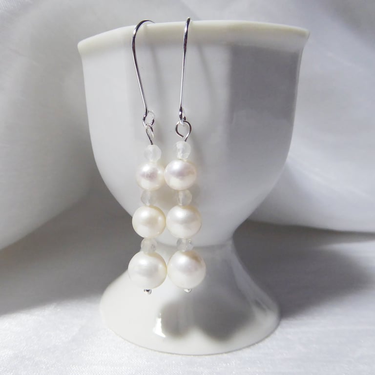 Unique Pearl and Moonstone Earrings - finished with sterling silver fittings