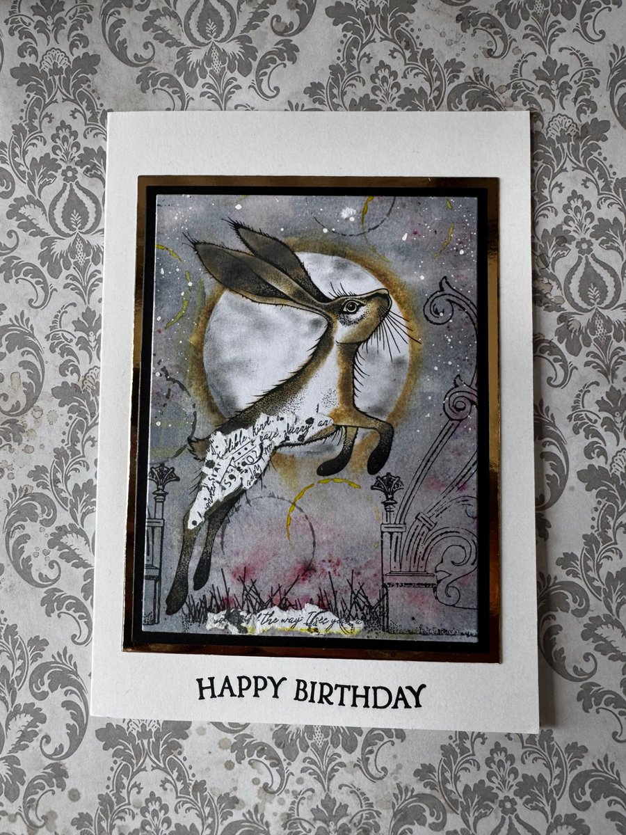 Handmade Moonlit Hare Birthday Card – 5x7 Mixed Media Wildlife Art Card ...