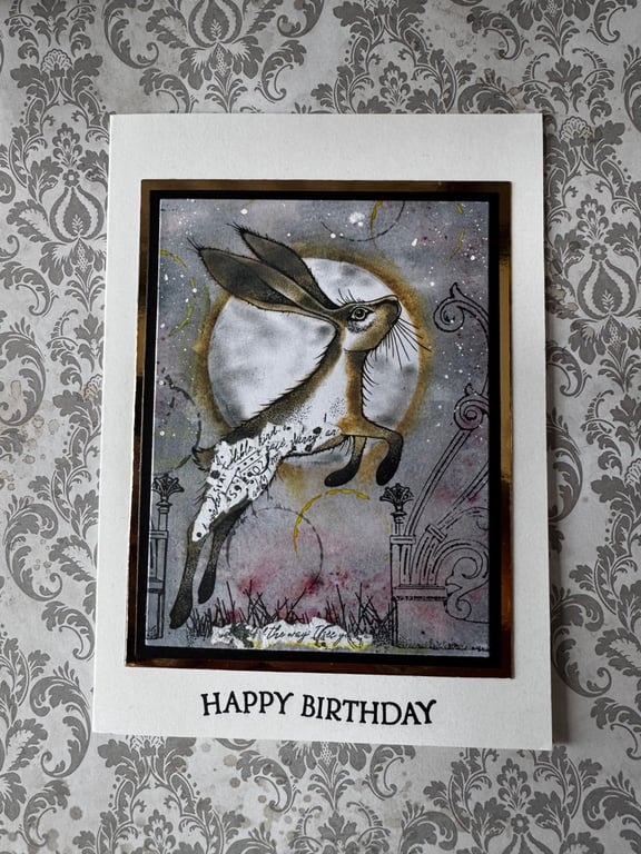Handmade Moonlit Hare Birthday Card – 5x7 Mixed Media Wildlife Art Card