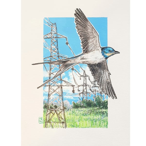 Swallow in Flight, small original bird artwork, bird lover gift