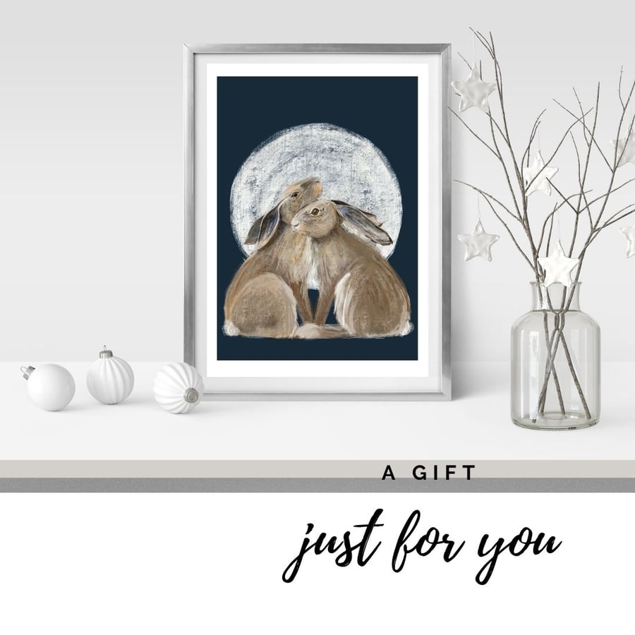 Wall Art Illustration Hares, Christmas Gift