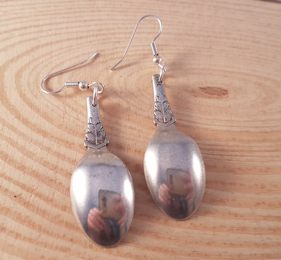 Silver Plated Upcycled Sugar Tong Spoon Drop Dangle Earrings SPE051703
