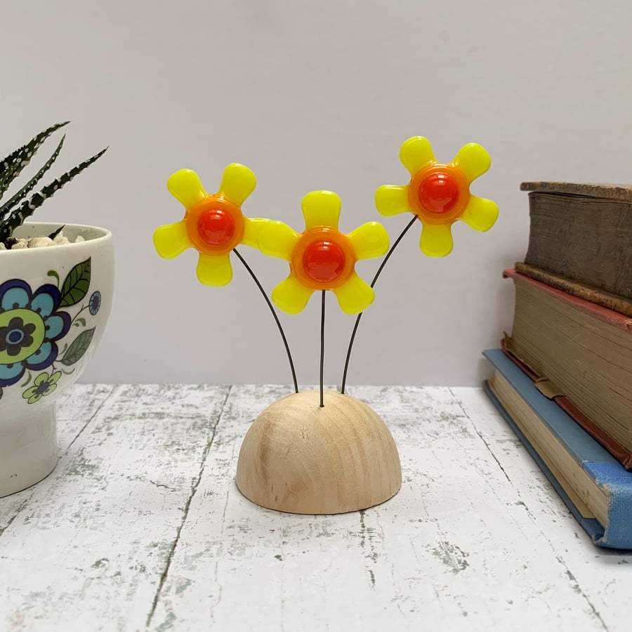Fused Glass Happy Hippy Flowers (Yellow8) - Handmade Fused Glass Sculpture