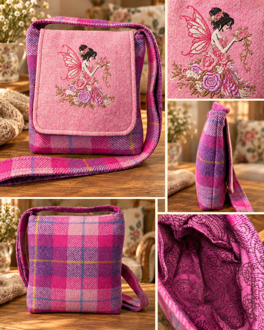Harris Tweed Crossbody Bag with embroidered fairie