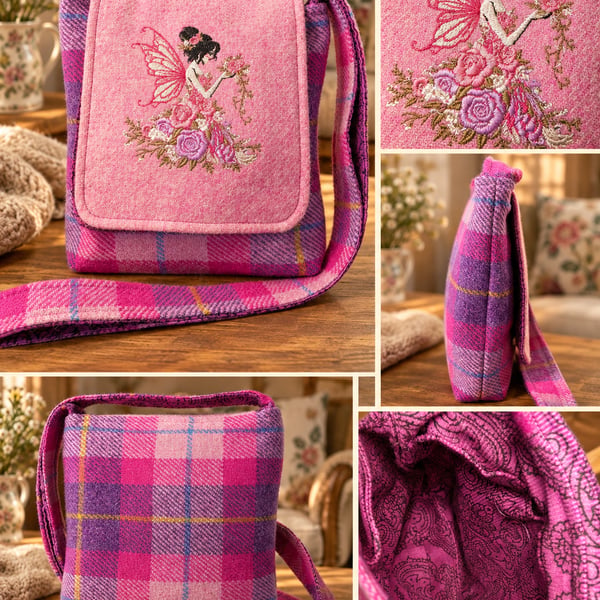 Harris Tweed Crossbody Bag with embroidered fairie
