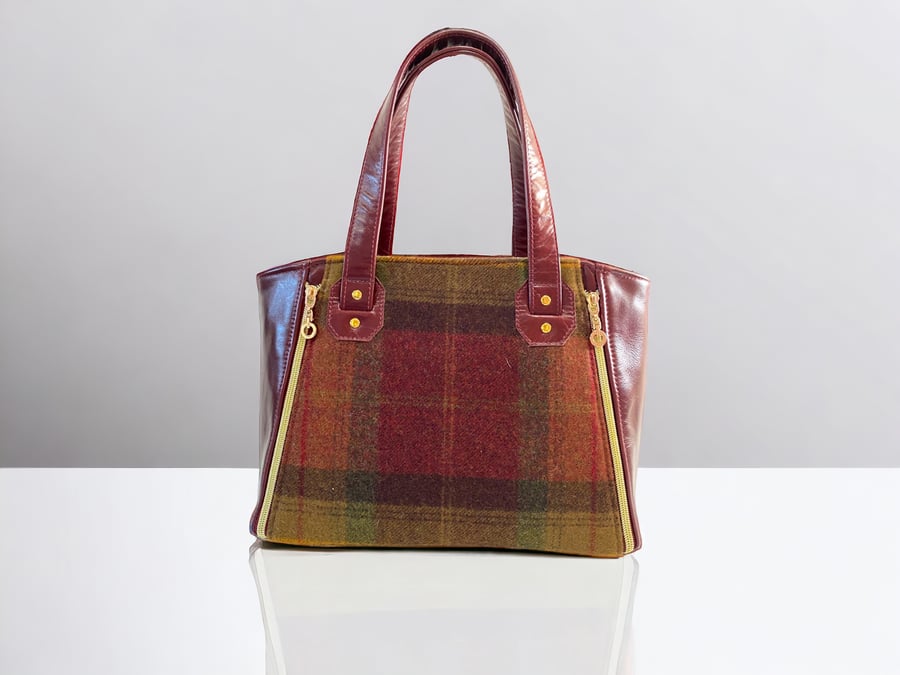 Handbag - Burgundy Red Leather and Tweed Bag - Genuine Leather - Eco Friendly