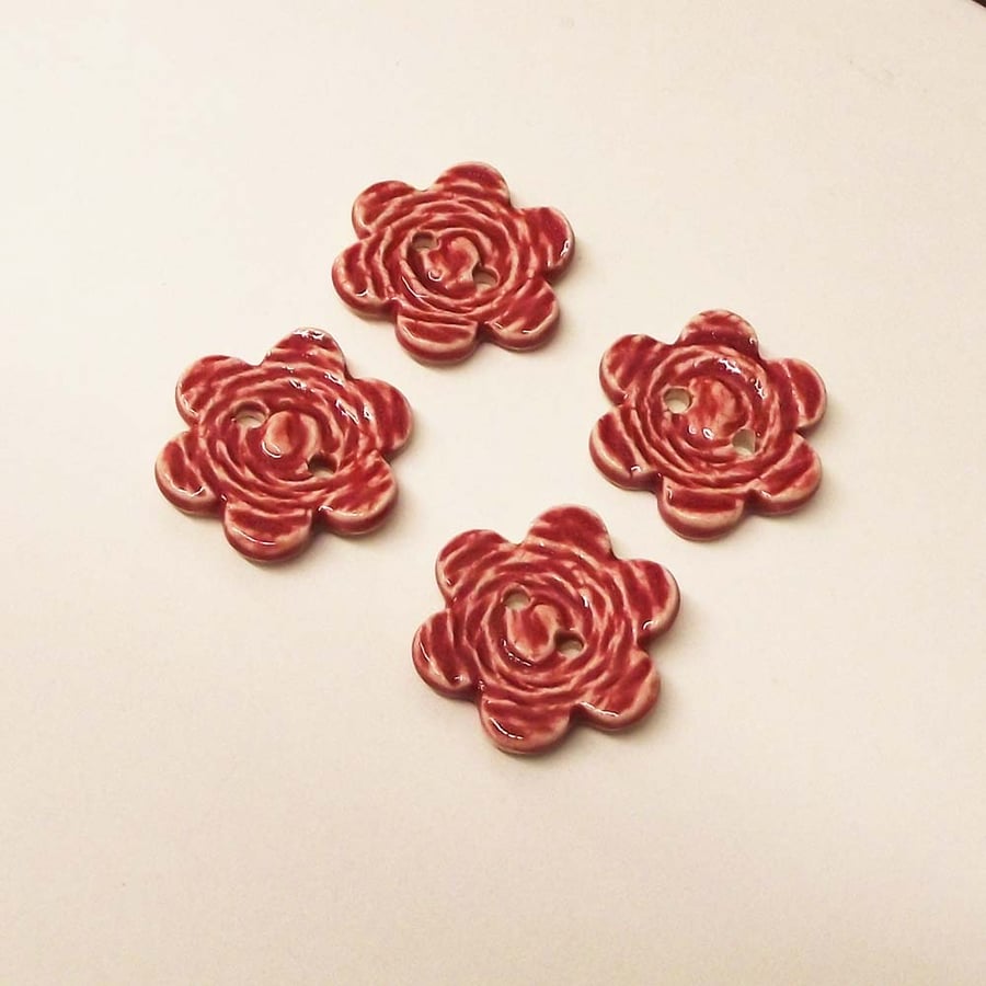 Set of four large RED flower ceramic buttons pottery