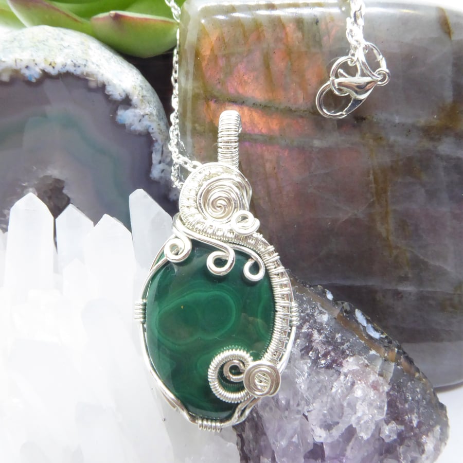 Bold Green Malachite Pendant Handwrapped in Silver Plated Wire