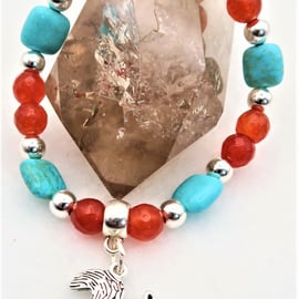 Howlite and Facetted Jade Stretch Bracelet with Squirrel Charm.