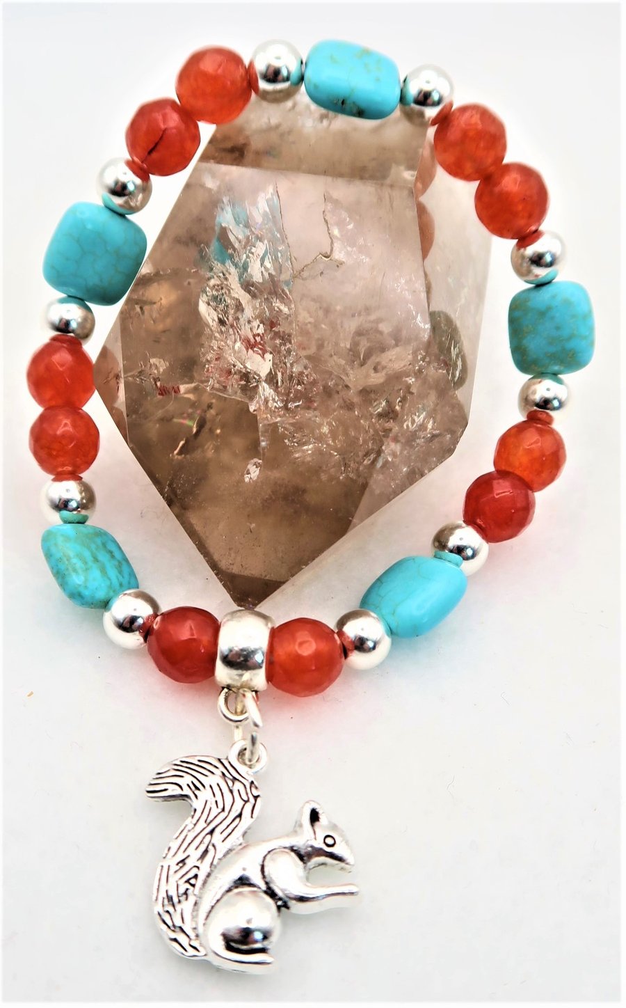 Howlite and Facetted Jade Stretch Bracelet with Squirrel Charm.