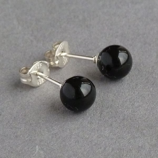 6mm Jet Black Stud Earrings - Small Onyx Swarovski Pearl Post Earrings - Gifts