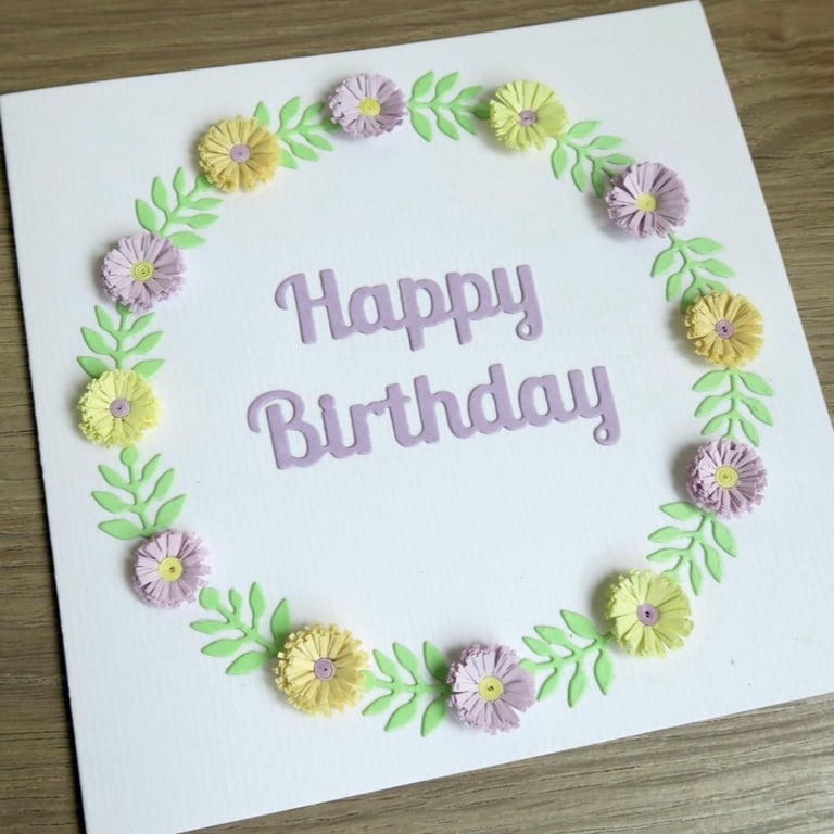 Handmade happy birthday card with paper quilled flowers