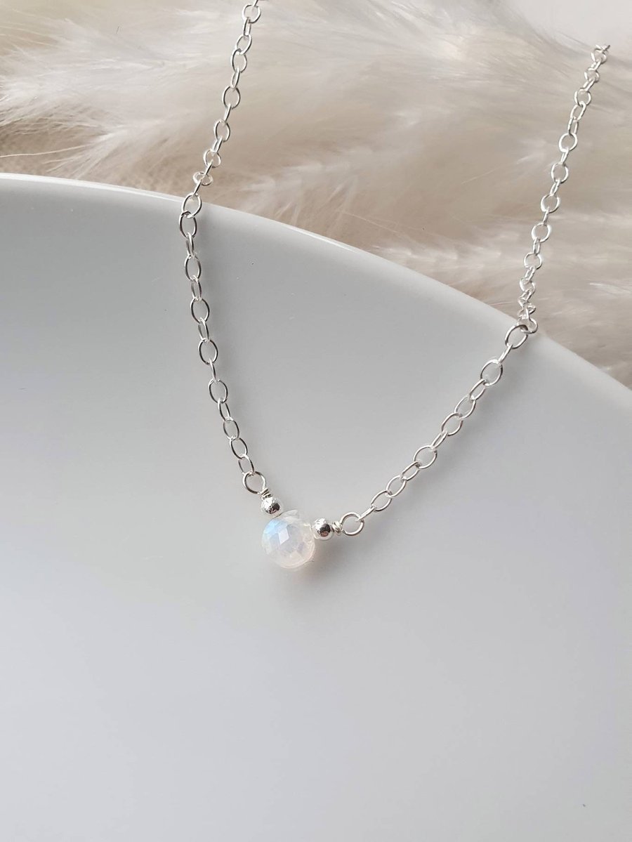 Tiny moonstone pendant and recycled sterling silver necklace