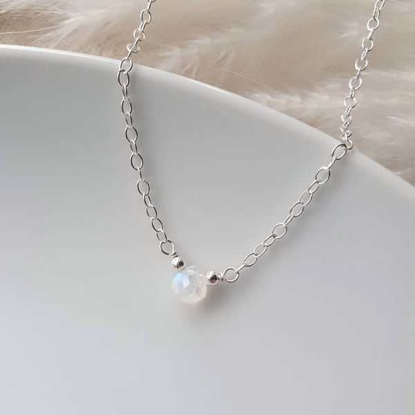 Tiny moonstone pendant and recycled sterling silver necklace