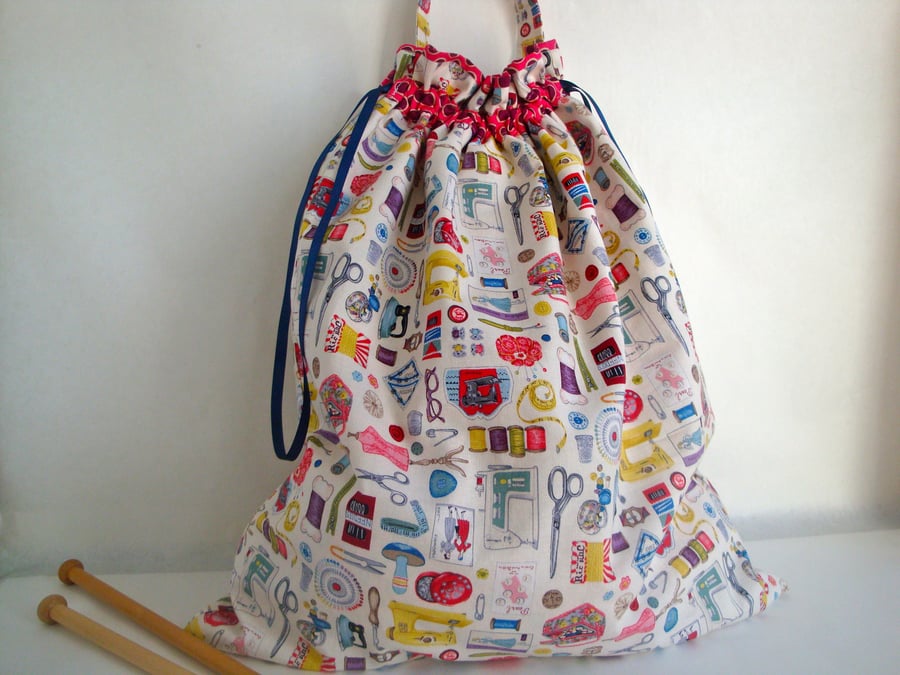 SALE Cotton Craft bag - project bag - Knitting bag - drawstring bag 