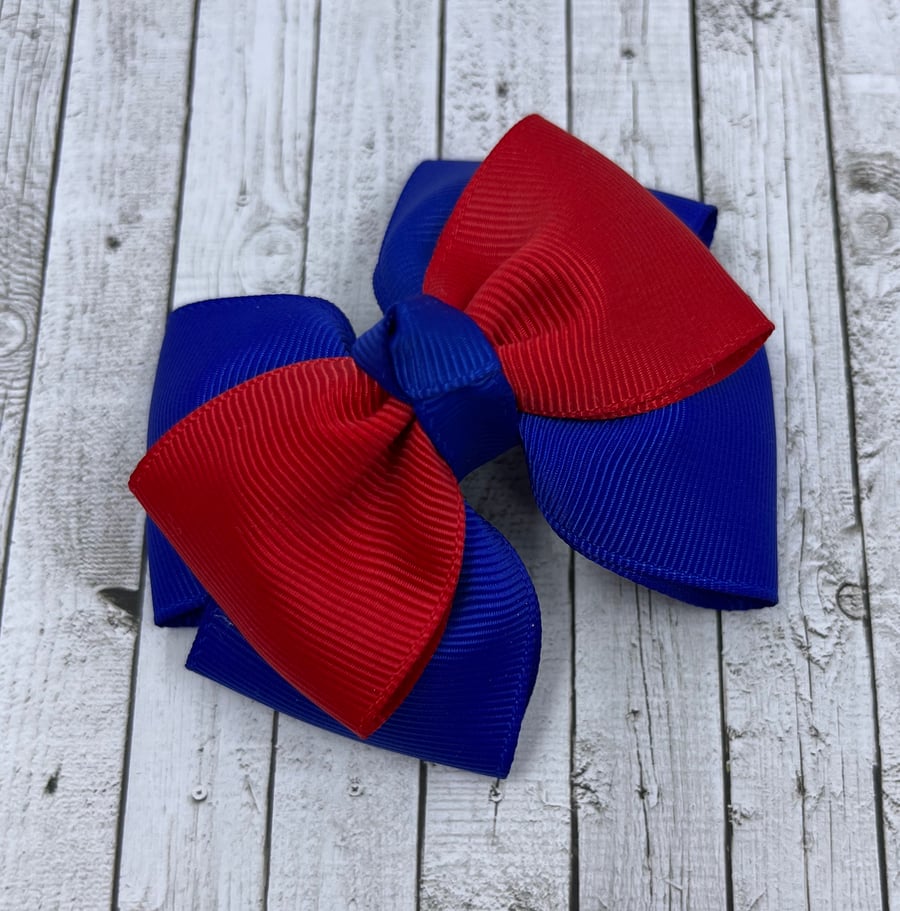 Cobalt Blue and Red Top Knot Bow on Clip