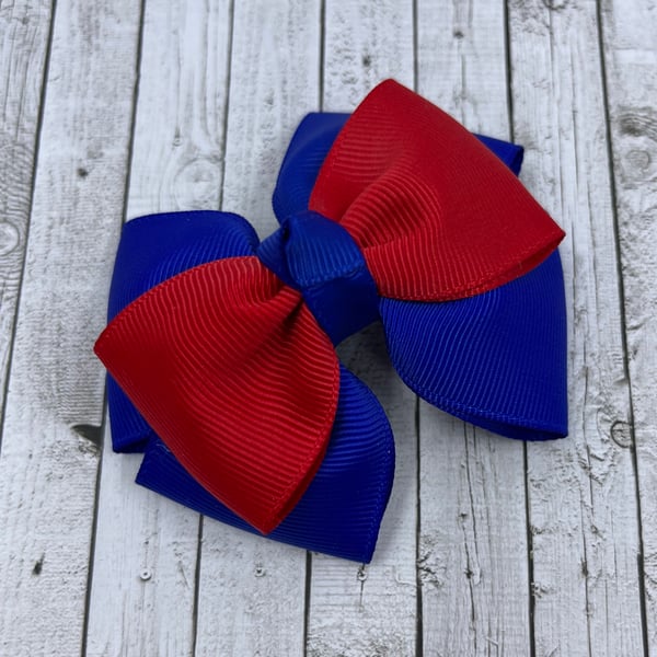 Cobalt Blue and Red Top Knot Bow on Clip