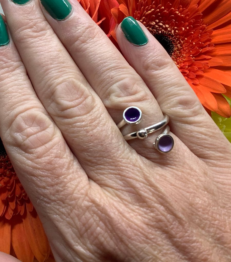 Sterling silver and shades of purple enamel wrap ring 