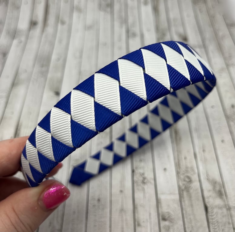 Cobalt Blue and White Diamond Pleated Hairband