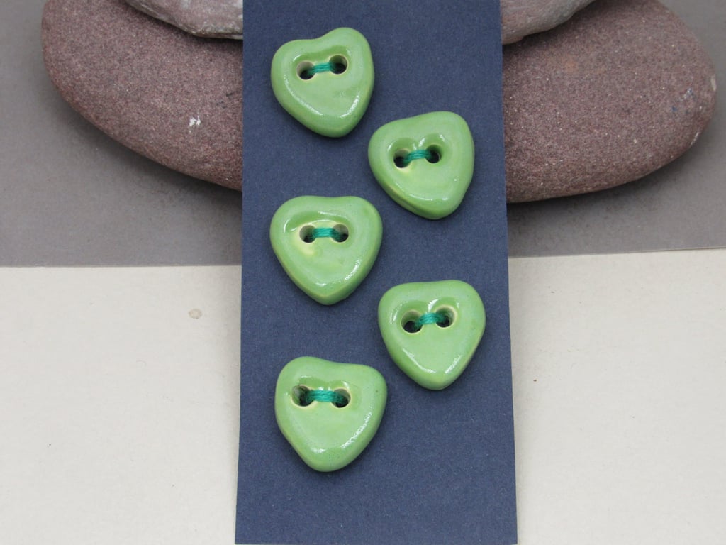 5 Small Heart Shaped Apple Green Ceramic Buttons