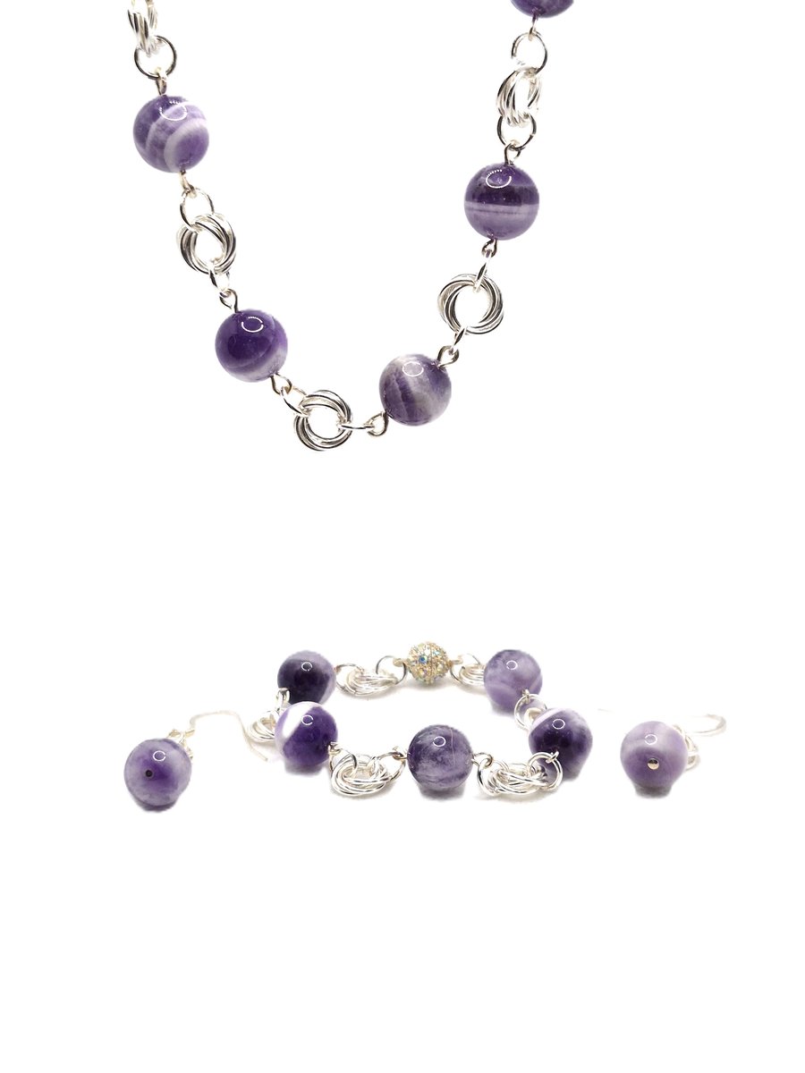 Amethyst beaded rosary link jewellery set