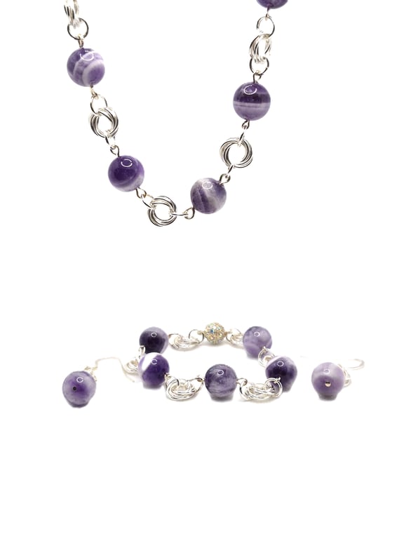 Amethyst beaded rosary link jewellery set