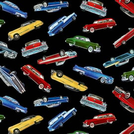 Fat Quarter Multicolored Vintage Cars On Black 100% Cotton Fabric