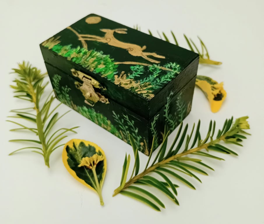 leaping hare on a pretty green trinket box