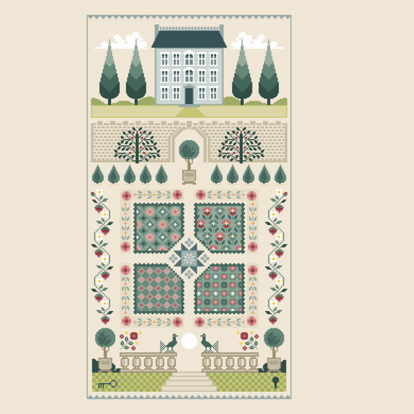 235 - Quaker Colonial House Cross Stitch Pattern Secret Garden Sampler (PDF)