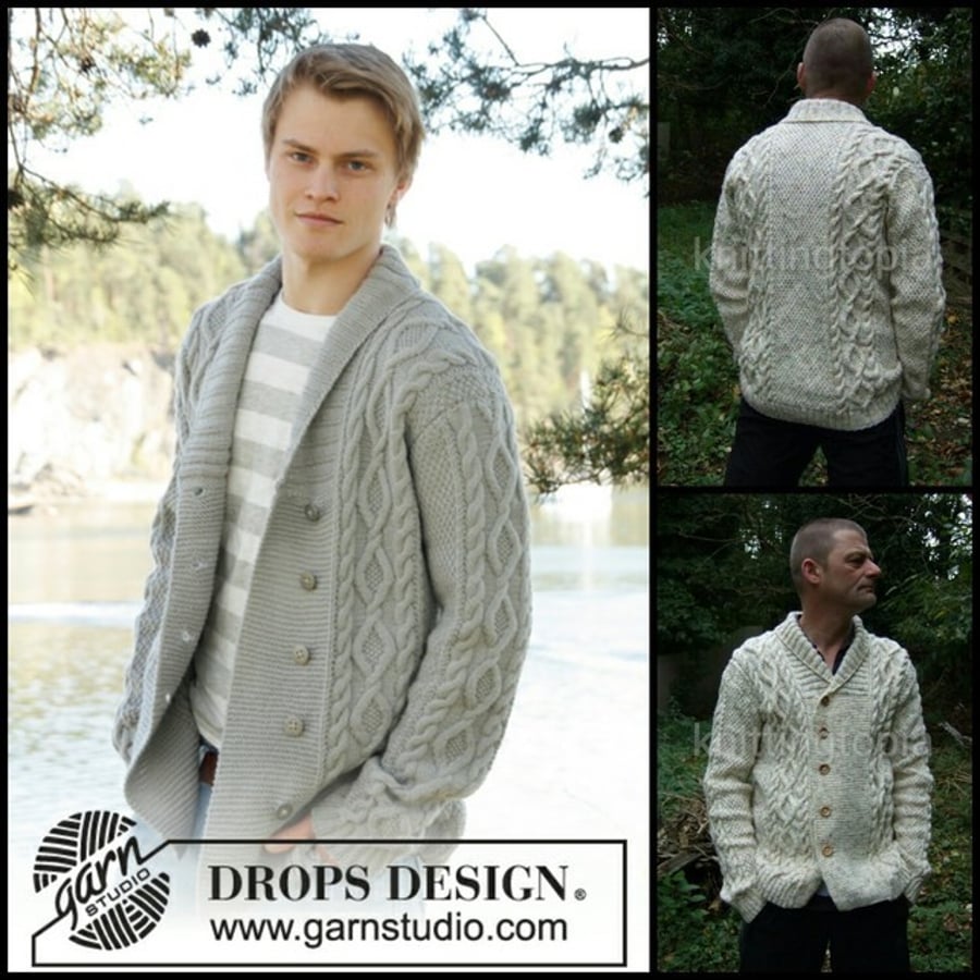 Hand knitted mens jacket cardigan in aran style shawl collar small - XXX large 