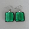 Big Teal Fused Glass Dangle Earrings - Large Emerald Green Square Drop Earrings