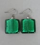 Big Teal Fused Glass Dangle Earrings - Large Emerald Green Square Drop Earrings - Image 1