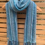 Handwoven statement scarf in shades of turquoise teal and blue