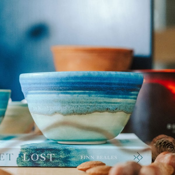 Ceramic handmade large tapas bowl - glazed in blues and turquoise-sea colours