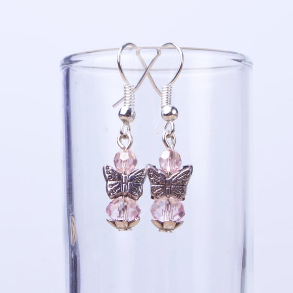 Butterfly earrings with pink beads - sweet dangle earrings