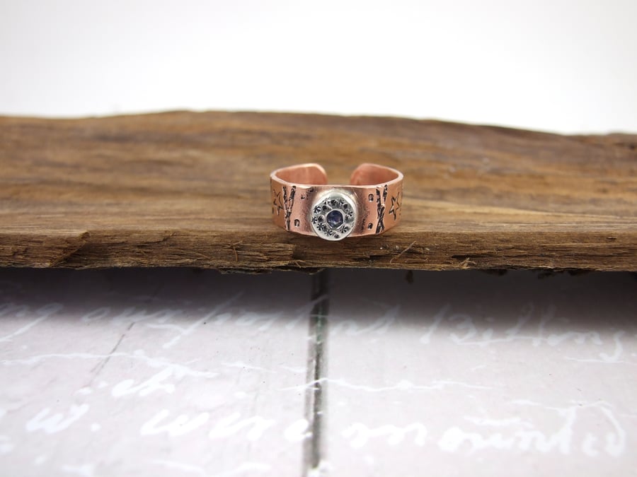Ring Copper and Sterling Silver Decorated Band, Set with Sapphire Adjustable Fit