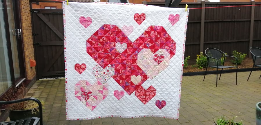 Handmade Patchwork Heart Quilt - Red, Pink Hearts on White 130 cm square 51"